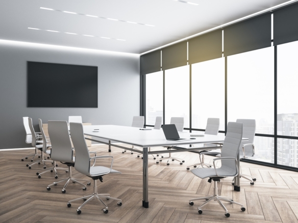 Big blank black poster on grey wall in modern eco style meeting room with huge windows, dark wooden parquet and white furniture. Mockup. 3D rendering